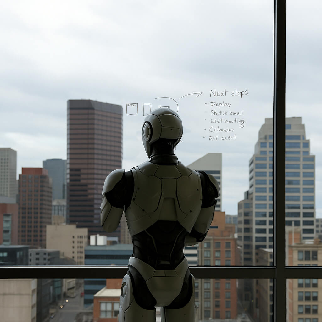 AI robot facing city
